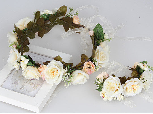 2pc/set Women Wedding Rose Flower Wreath headband and wrist Kids Party flower crown and Bracelet with Ribbon Adjustable garlands - CelebritystyleFashion.com.au online clothing shop australia