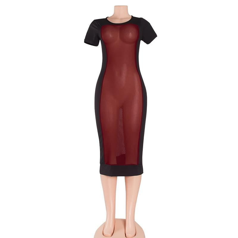 Women Summer Dresses Fashion Casual Female Short Sleeve Mesh Patchwork See Through Outfits Party Club Black Dress