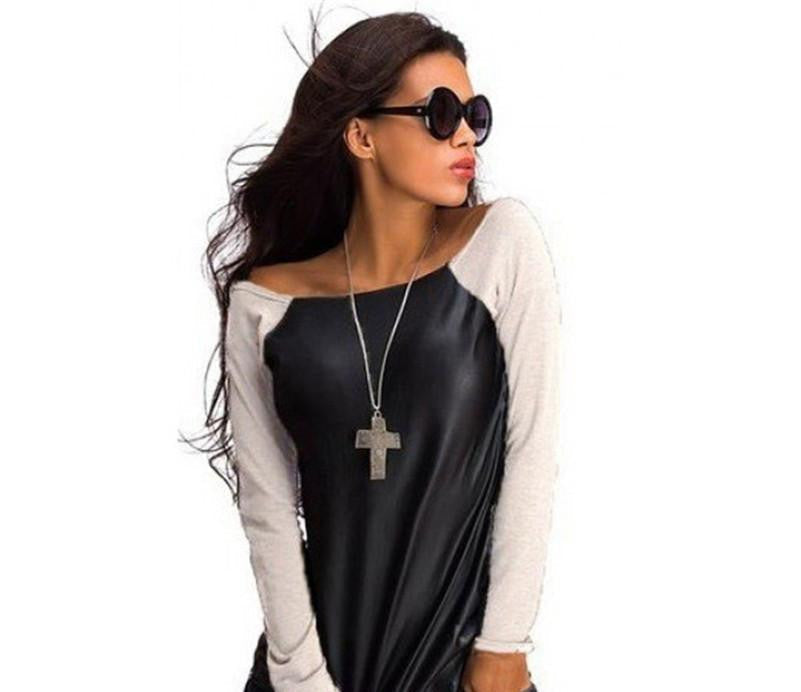 Women Off Shouder Shirt Patchwork Personality Pu Leather Long Sleeve Casual Loose Fall T Shirt Tee Tops