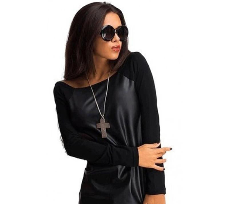 Women Off Shouder Shirt Patchwork Personality Pu Leather Long Sleeve Casual Loose Fall T Shirt Tee Tops