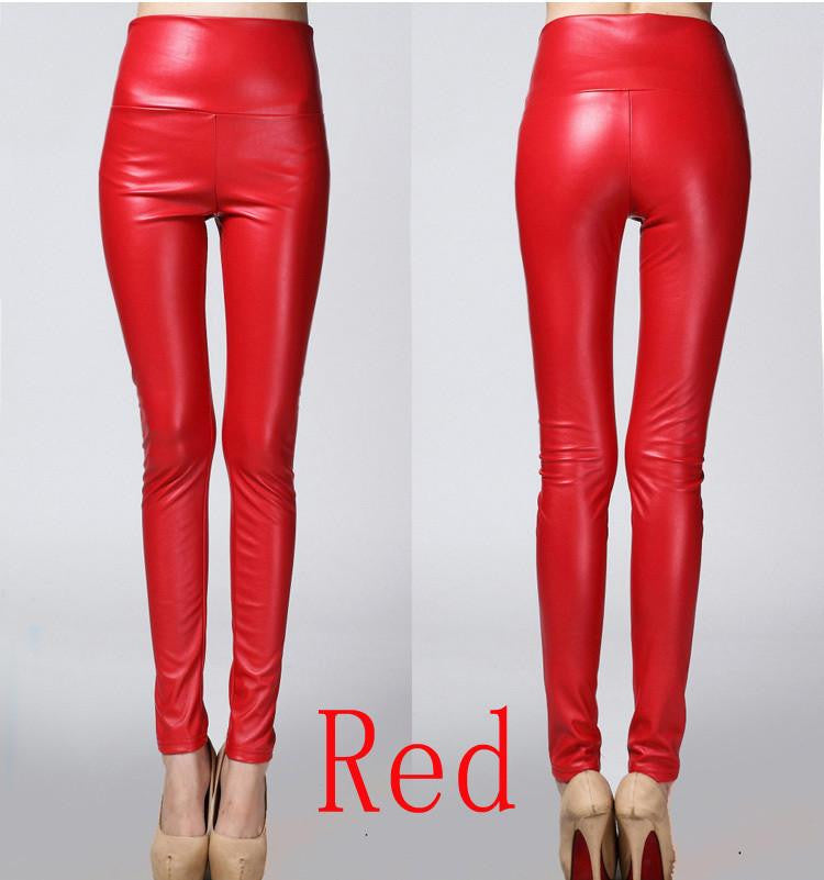Thicken Winter PU Leather women pants high waist elastic fleece stretch Slim woman pencil pants skinny trousers 25 colors