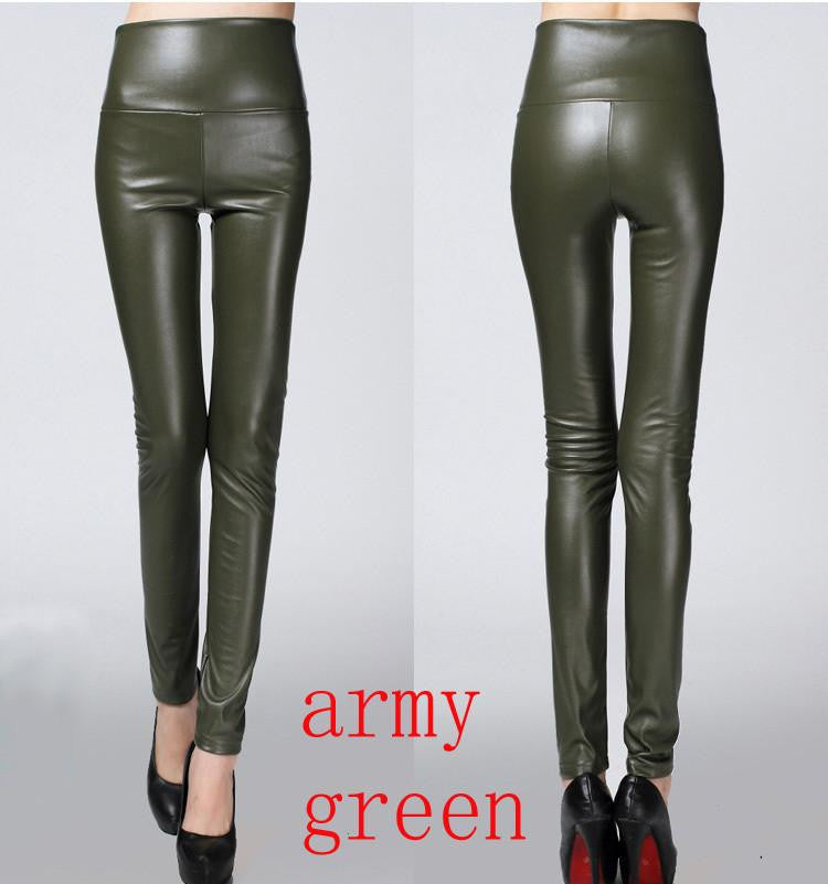Thicken Winter PU Leather women pants high waist elastic fleece stretch Slim woman pencil pants skinny trousers 25 colors