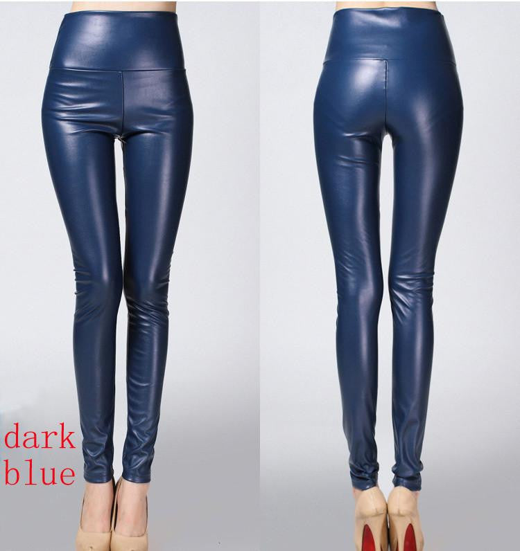 Thicken Winter PU Leather women pants high waist elastic fleece stretch Slim woman pencil pants skinny trousers 25 colors