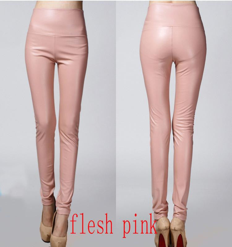 Thicken Winter PU Leather women pants high waist elastic fleece stretch Slim woman pencil pants skinny trousers 25 colors