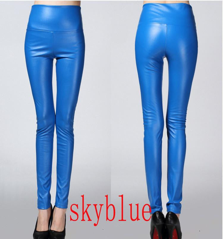 Thicken Winter PU Leather women pants high waist elastic fleece stretch Slim woman pencil pants skinny trousers 25 colors