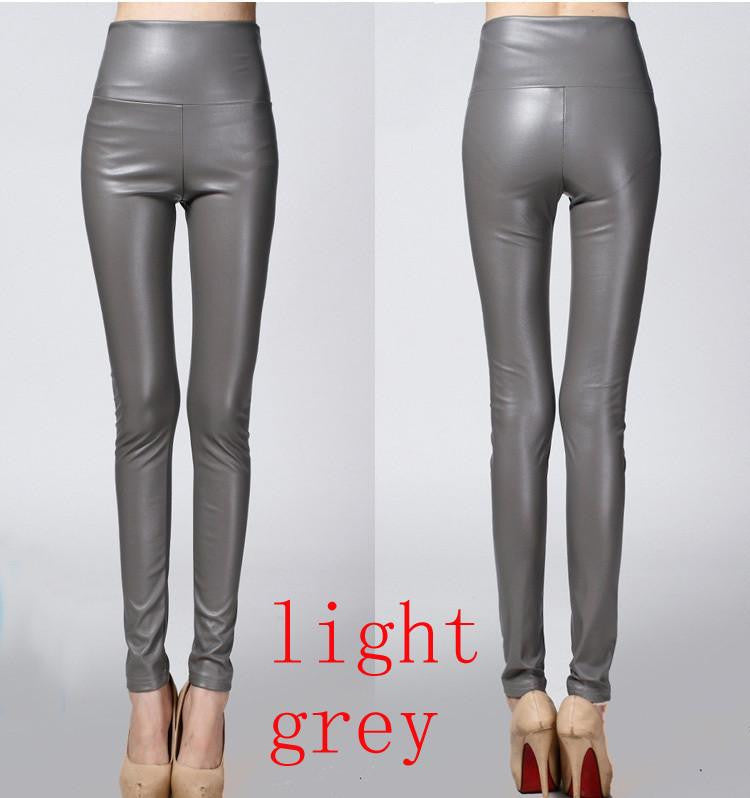Thicken Winter PU Leather women pants high waist elastic fleece stretch Slim woman pencil pants skinny trousers 25 colors