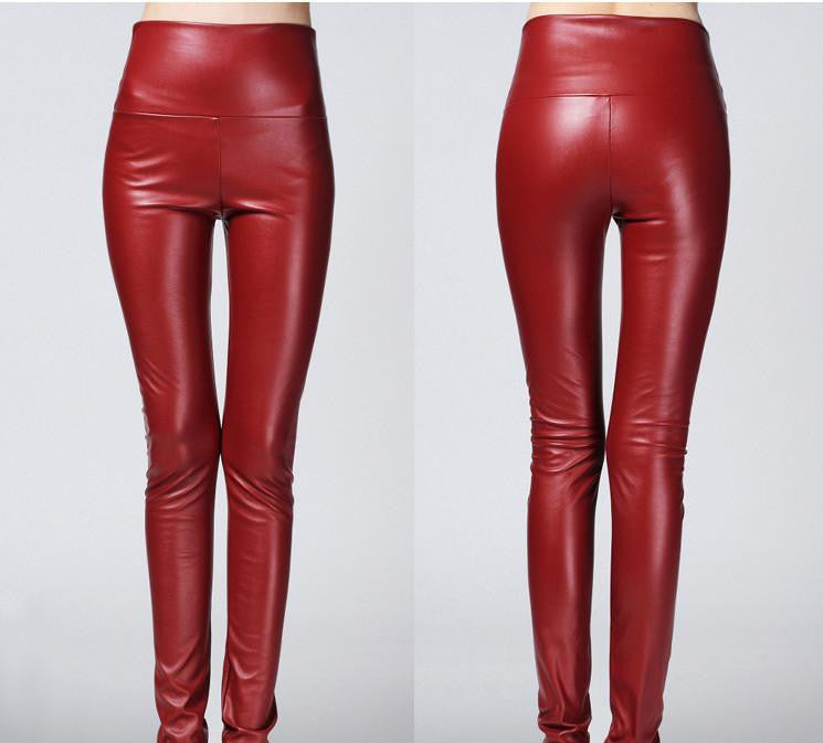 Thicken Winter PU Leather women pants high waist elastic fleece stretch Slim woman pencil pants skinny trousers 25 colors