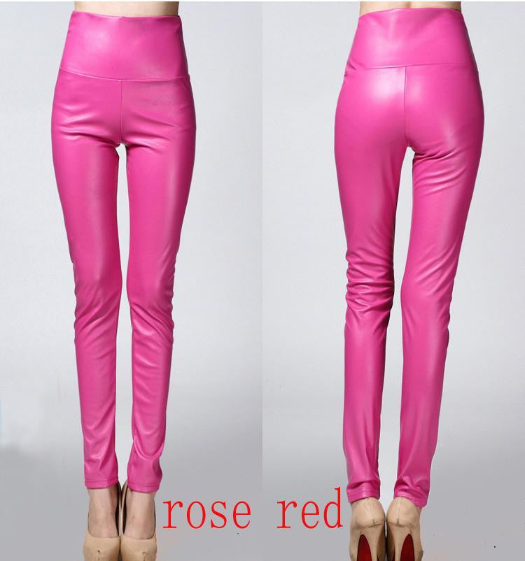 Thicken Winter PU Leather women pants high waist elastic fleece stretch Slim woman pencil pants skinny trousers 25 colors