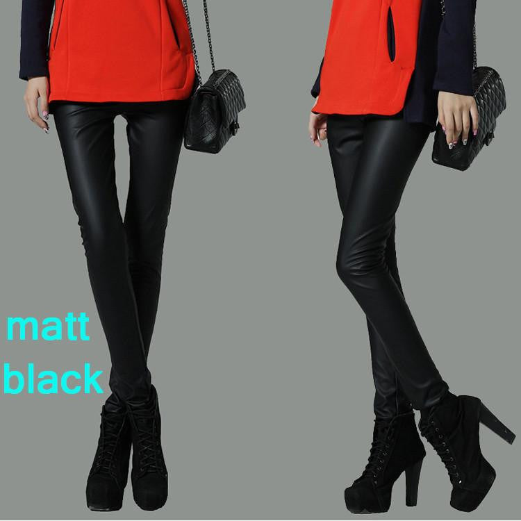 Thicken Winter PU Leather women pants high waist elastic fleece stretch Slim woman pencil pants skinny trousers 25 colors