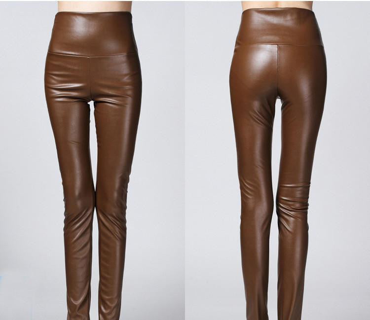 Thicken Winter PU Leather women pants high waist elastic fleece stretch Slim woman pencil pants skinny trousers 25 colors