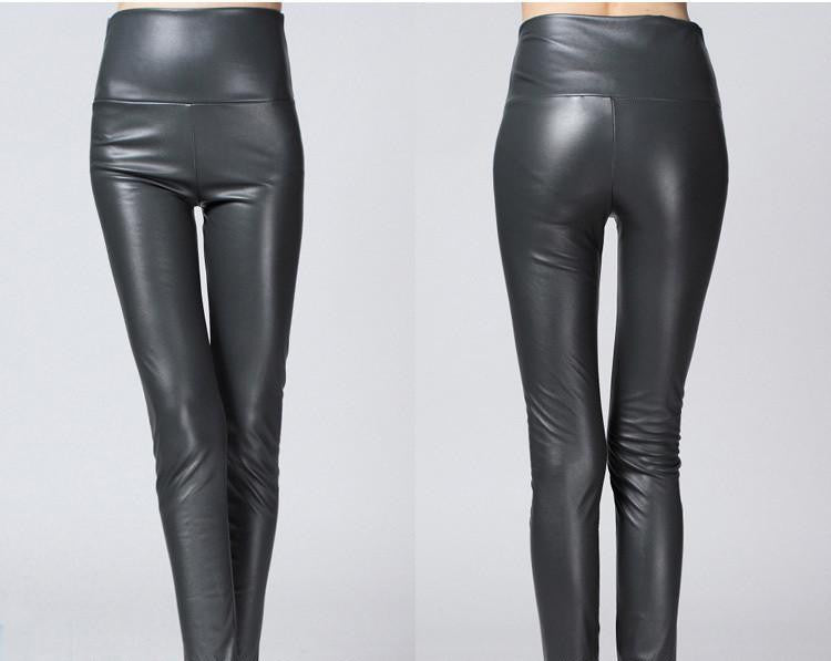 Thicken Winter PU Leather women pants high waist elastic fleece stretch Slim woman pencil pants skinny trousers 25 colors
