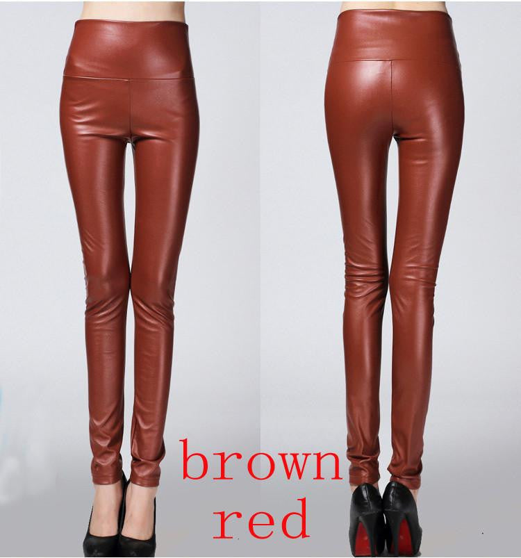 Thicken Winter PU Leather women pants high waist elastic fleece stretch Slim woman pencil pants skinny trousers 25 colors