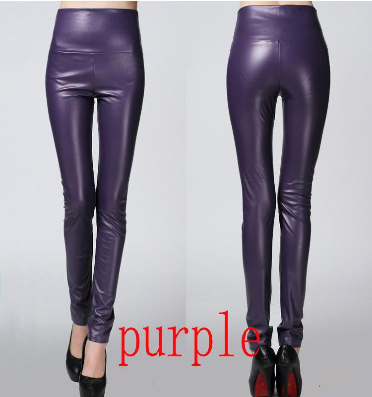 Thicken Winter PU Leather women pants high waist elastic fleece stretch Slim woman pencil pants skinny trousers 25 colors