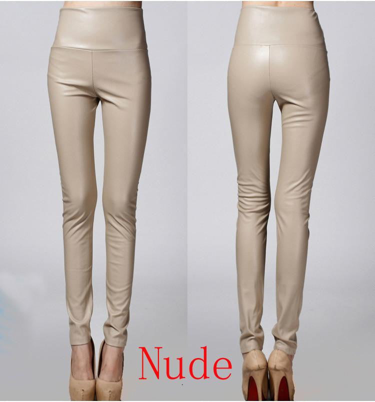 Thicken Winter PU Leather women pants high waist elastic fleece stretch Slim woman pencil pants skinny trousers 25 colors