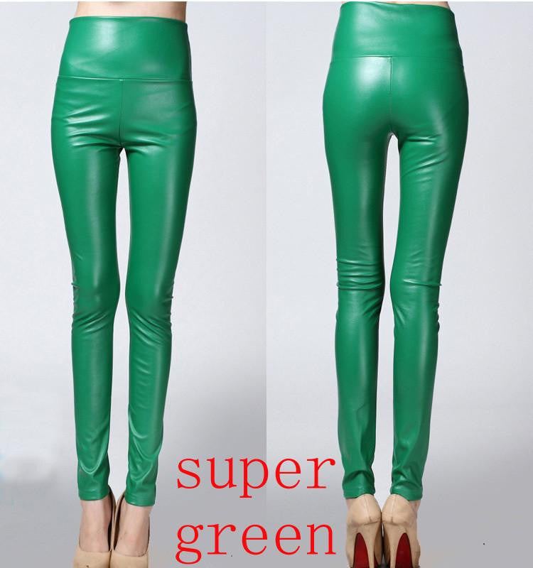 Thicken Winter PU Leather women pants high waist elastic fleece stretch Slim woman pencil pants skinny trousers 25 colors