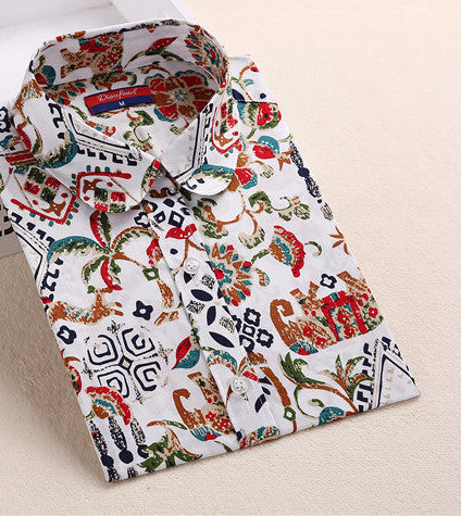 Floral Women Shirts Cotton Long Sleeve Shirt Vintage Printed Turn-down Collar Ladies Blouses Women Tops Fashion