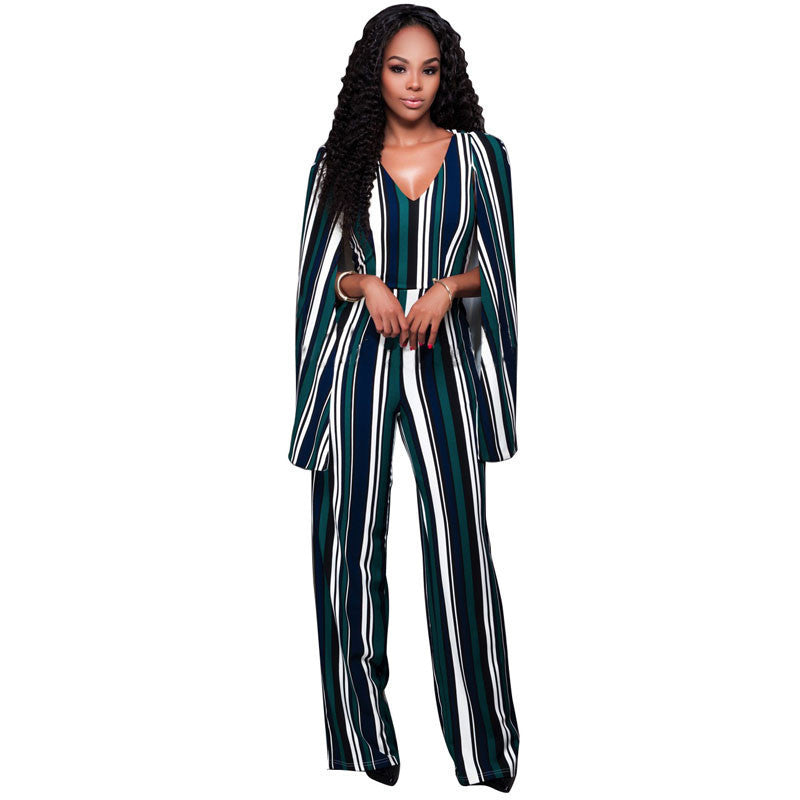 Online discount shop Australia - Fashion Sexy V Neck One Piece Jumpsuit Sleeveless Backless Bodysuit Cloak Striped Romper Woman Overalls Elegant Playsuit