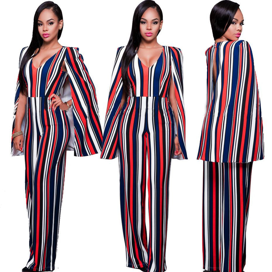 Online discount shop Australia - Fashion Sexy V Neck One Piece Jumpsuit Sleeveless Backless Bodysuit Cloak Striped Romper Woman Overalls Elegant Playsuit