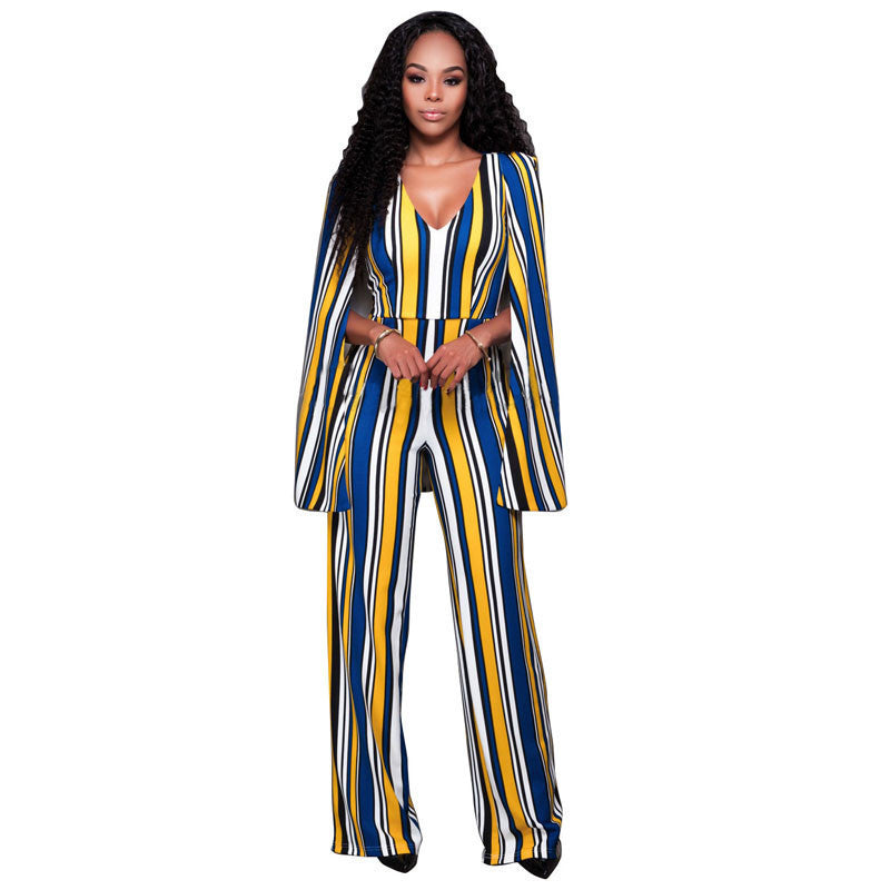 Online discount shop Australia - Fashion Sexy V Neck One Piece Jumpsuit Sleeveless Backless Bodysuit Cloak Striped Romper Woman Overalls Elegant Playsuit