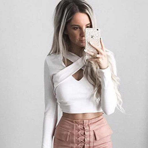 Women Crop Tops European Style Deep V Neck Cross T shirt Women Long Sleeve Girl T-shirt Hollow Out Cropped Top