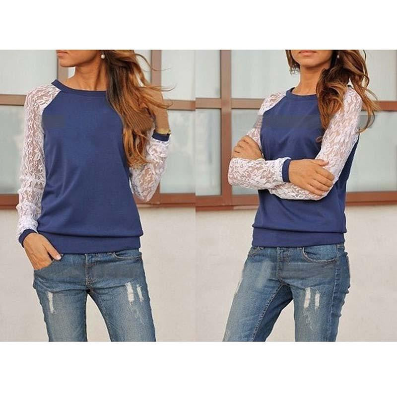 Online discount shop Australia - Lace Blouses Shirts Women Long Sleeve Blouse shirt Blouse Tops Solid O Neck Casual Shirts 5 Colors