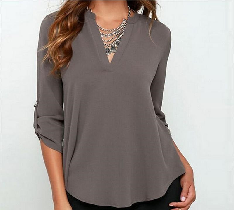 Plus Size S-5XL Women OL V Neck Folds Long Sleeve Casual Chiffon Blouse regata Tops 7 colors