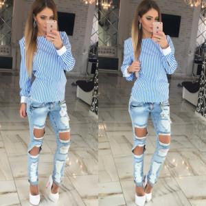 Womens Chiffon Blouse Fashion Striped Printing Loose Long Sleeve Tops Backless Girl Bow Casual Lady Clothes
