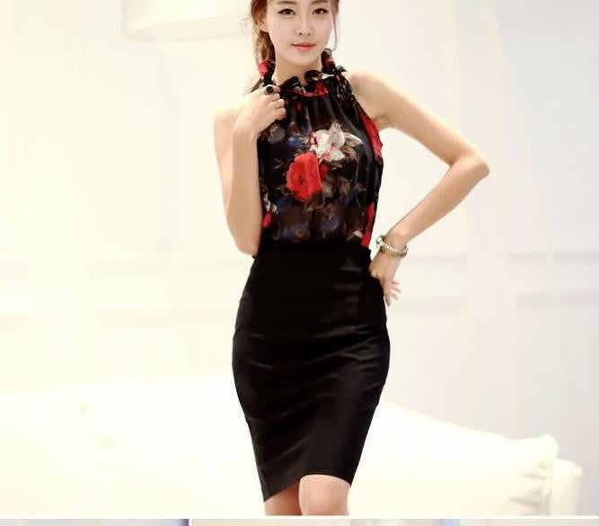Women Sleeveless Chiffon Floral Print Blouse Ruffles Turtleneck Tops Shirt T57334