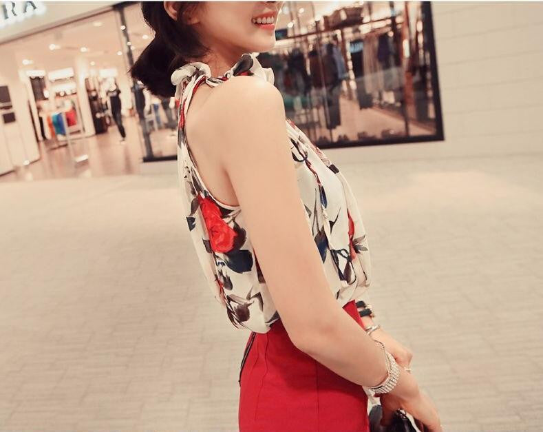 Women Sleeveless Chiffon Floral Print Blouse Ruffles Turtleneck Tops Shirt T57334