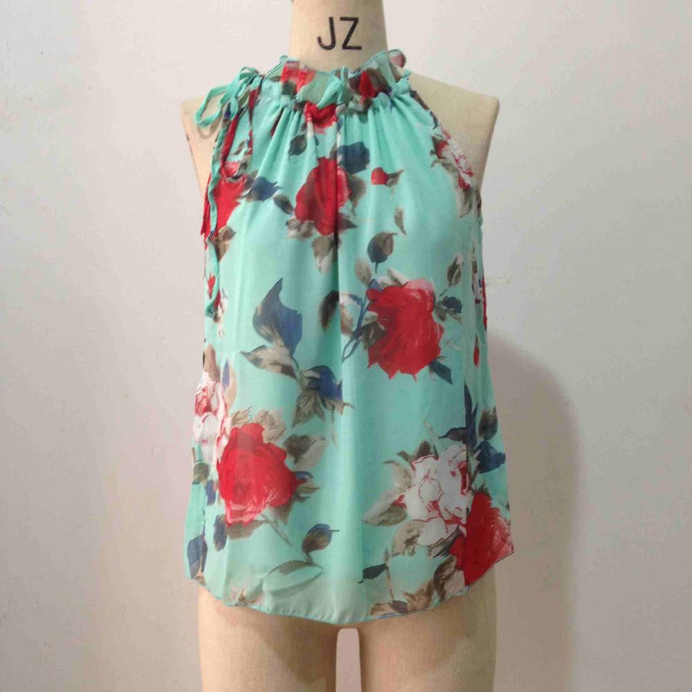 Women Sleeveless Chiffon Floral Print Blouse Ruffles Turtleneck Tops Shirt T57334