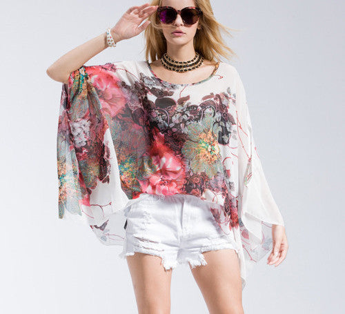 Online discount shop Australia - Casual Fashion Floral Women Ladies Sexy Batwing Sleeve Loose Chiffon Floral Printed Blouse Tops