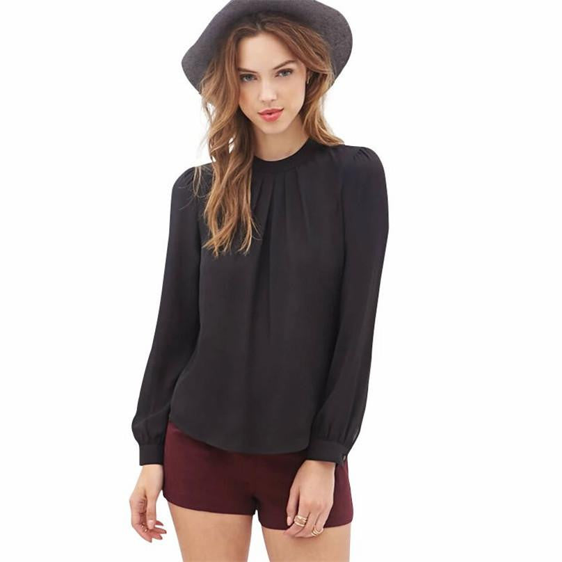 Women Elegant Stand Collar Chiffon Blouses Fashion Casual Long Sleeve Cute Sweet Shirts Tops Pink Black