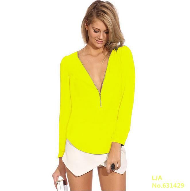 Fashion V Neck Long Sleeve Zipper Chiffon Blouses Women work wear Tops 6 Color Solid