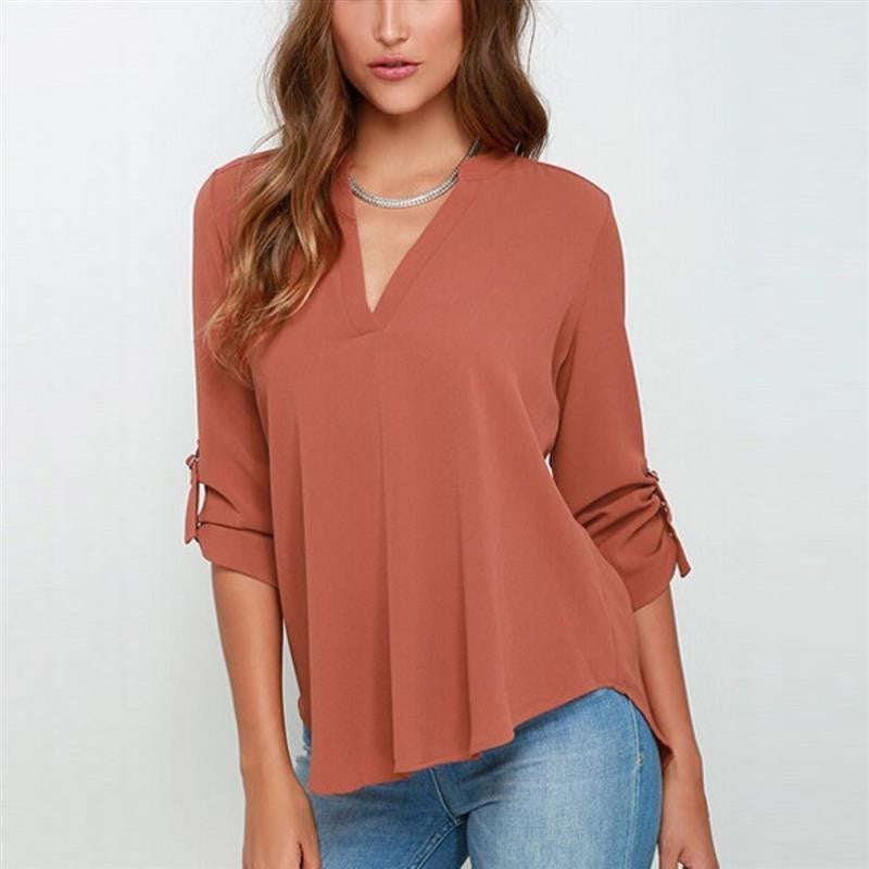 Women V-neck Chiffon Blouse Casual Long Sleeve Solid Shirts Tops Plus Size 5XL