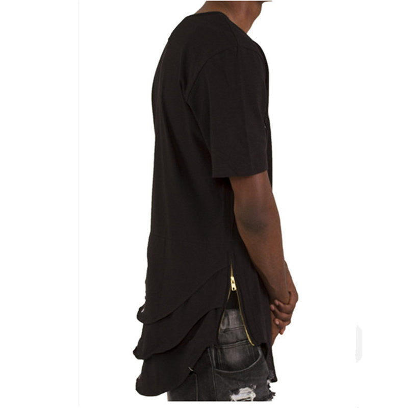 Online discount shop Australia - Justin Bieber Extended T shirt Mens Fishtail Multi Fold Curved Hem Side Zipper Short Sleeve Longline T shirts Hip Hop KANYE