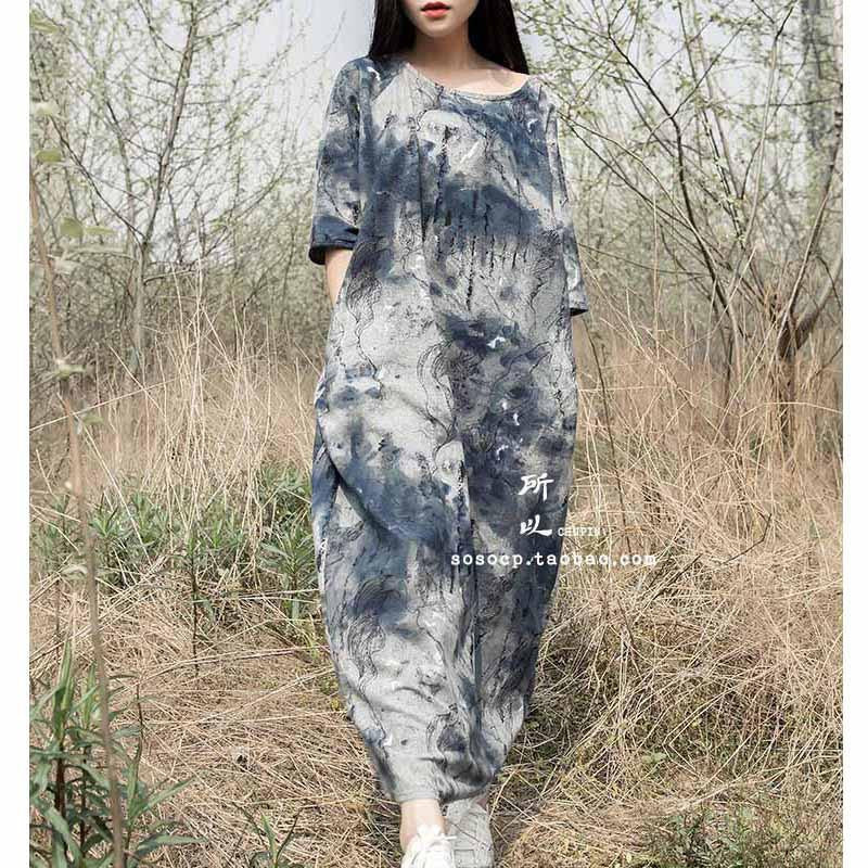 SERENELY Summer Dress Plus Size Women Dress Loose Casual Dresses Vintage Printed Linen Dress Party Dresses D04