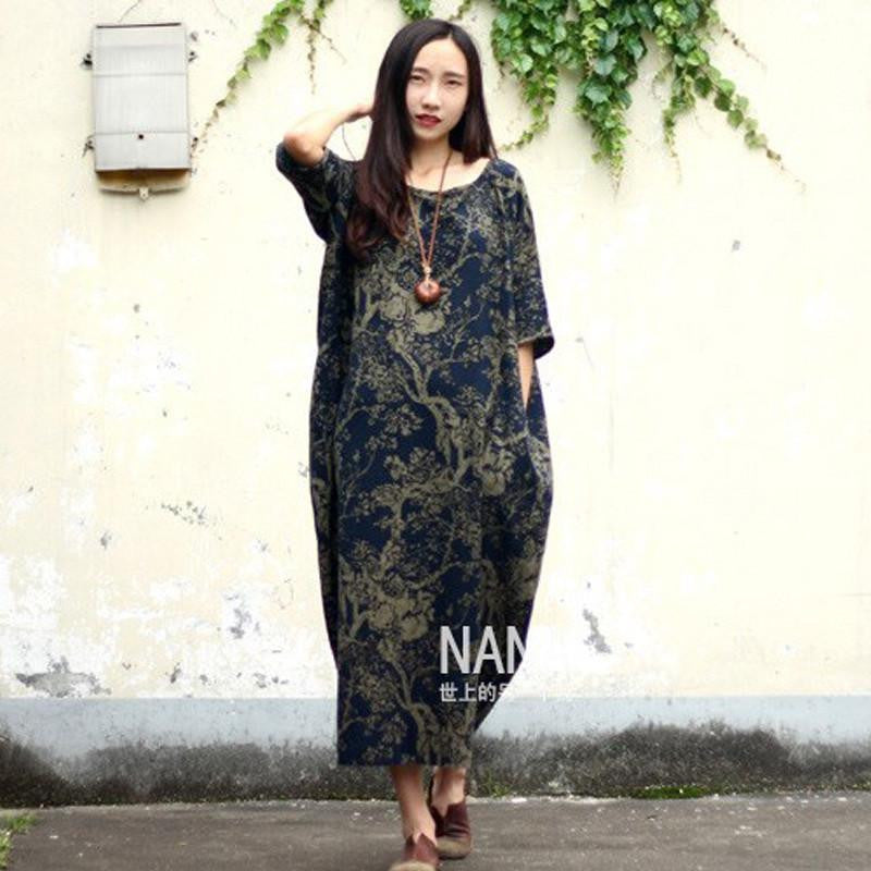 SERENELY Summer Dress Plus Size Women Dress Loose Casual Dresses Vintage Printed Linen Dress Party Dresses D04