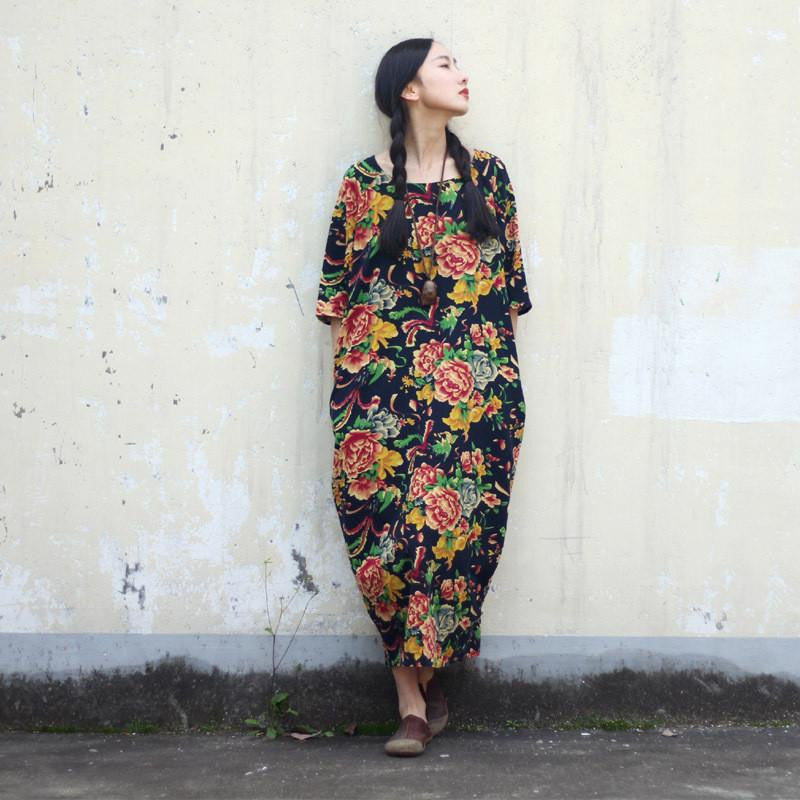 SERENELY Summer Dress Plus Size Women Dress Loose Casual Dresses Vintage Printed Linen Dress Party Dresses D04