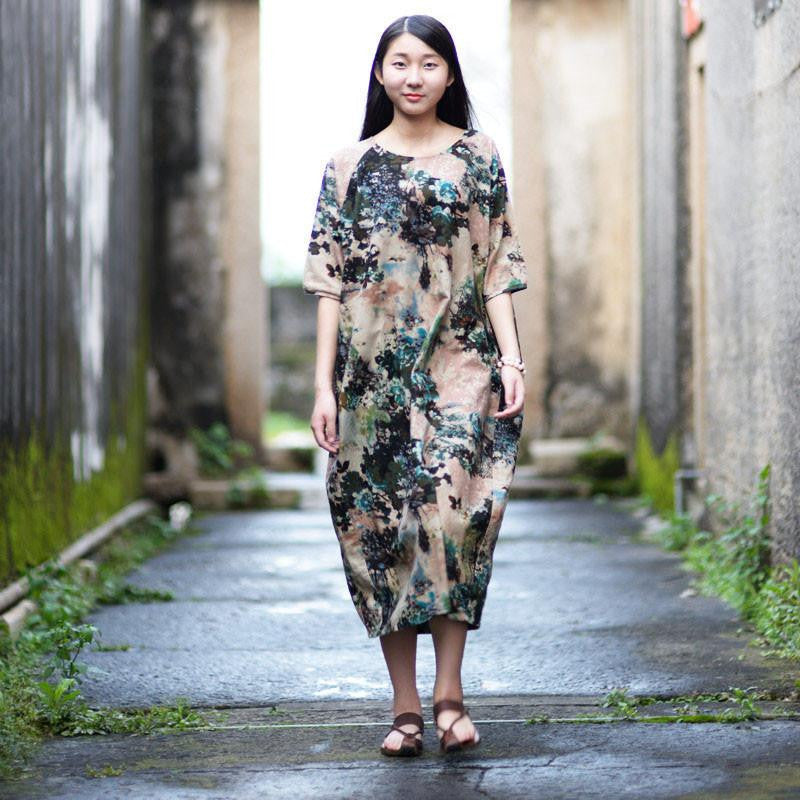 SERENELY Summer Dress Plus Size Women Dress Loose Casual Dresses Vintage Printed Linen Dress Party Dresses D04