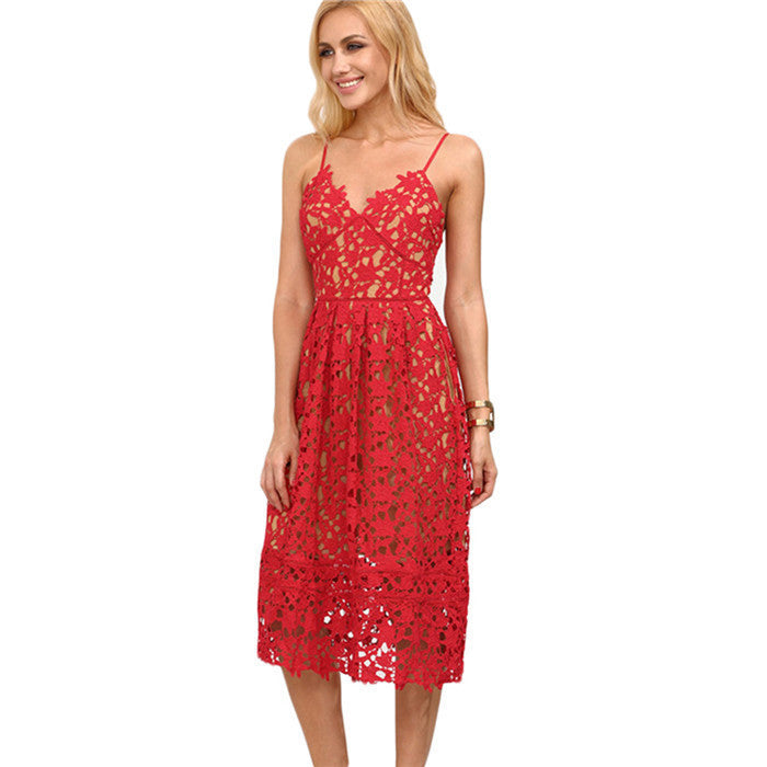 Online discount shop Australia - Ladies Hollow Out Fit & Flare Lace Cami Dress Plain Spaghetti Strap Sleeveless V Neck Midi A Line Dress