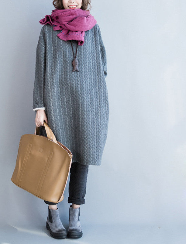 Online discount shop Australia - Autumn Plus Size Women Dress Cotton Full Sleeve Long Grey Casual Tops&Tees Striped Print Solid Fashion Midi Female New Dresses