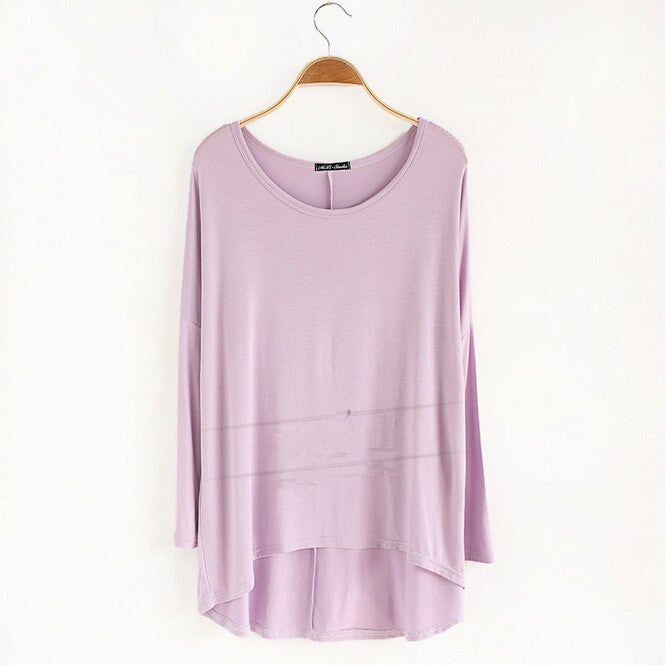 Celebrity Style Slouchy Coloured Full Sleeve Oversized Uneven Hem Long Top T-shirtModal T-Shirts Tees