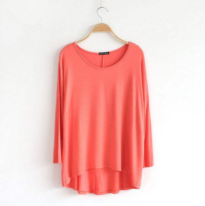 Celebrity Style Slouchy Coloured Full Sleeve Oversized Uneven Hem Long Top T-shirtModal T-Shirts Tees