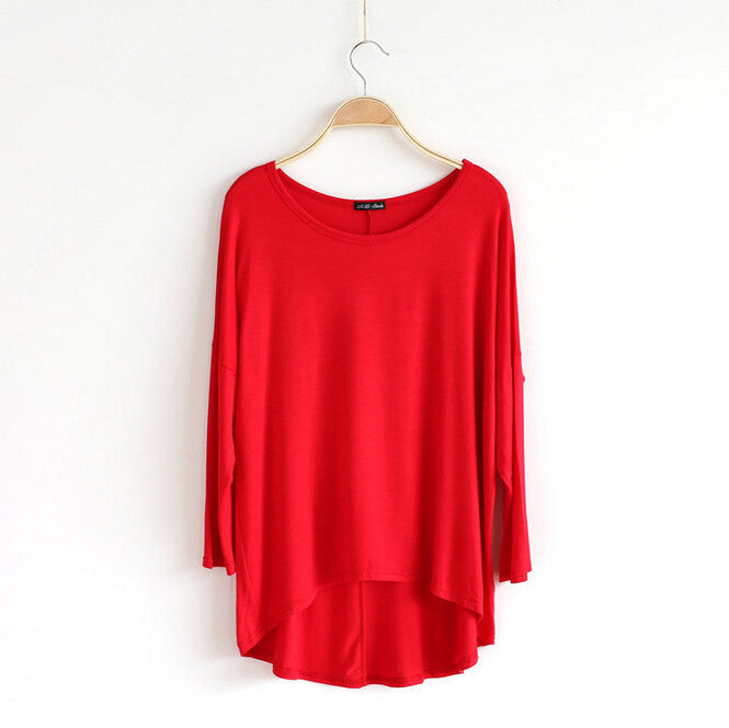 Celebrity Style Slouchy Coloured Full Sleeve Oversized Uneven Hem Long Top T-shirtModal T-Shirts Tees