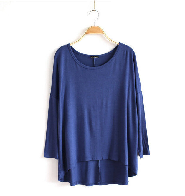 Celebrity Style Slouchy Coloured Full Sleeve Oversized Uneven Hem Long Top T-shirtModal T-Shirts Tees