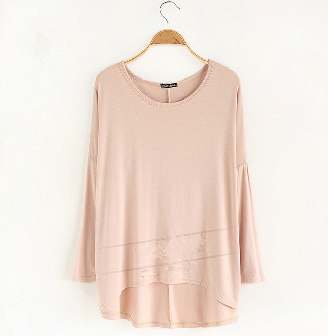 Celebrity Style Slouchy Coloured Full Sleeve Oversized Uneven Hem Long Top T-shirtModal T-Shirts Tees