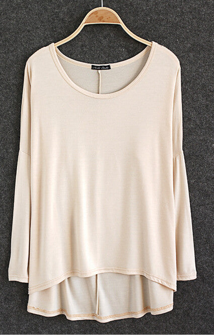 Celebrity Style Slouchy Coloured Full Sleeve Oversized Uneven Hem Long Top T-shirtModal T-Shirts Tees