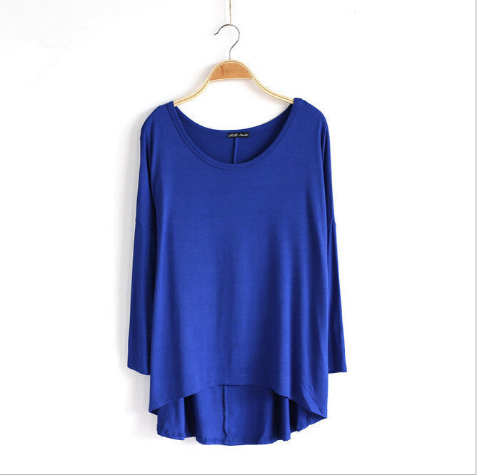 Celebrity Style Slouchy Coloured Full Sleeve Oversized Uneven Hem Long Top T-shirtModal T-Shirts Tees
