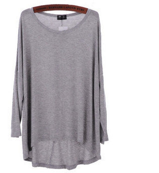 Celebrity Style Slouchy Coloured Full Sleeve Oversized Uneven Hem Long Top T-shirtModal T-Shirts Tees
