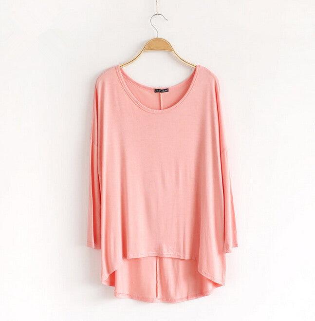 Celebrity Style Slouchy Coloured Full Sleeve Oversized Uneven Hem Long Top T-shirtModal T-Shirts Tees